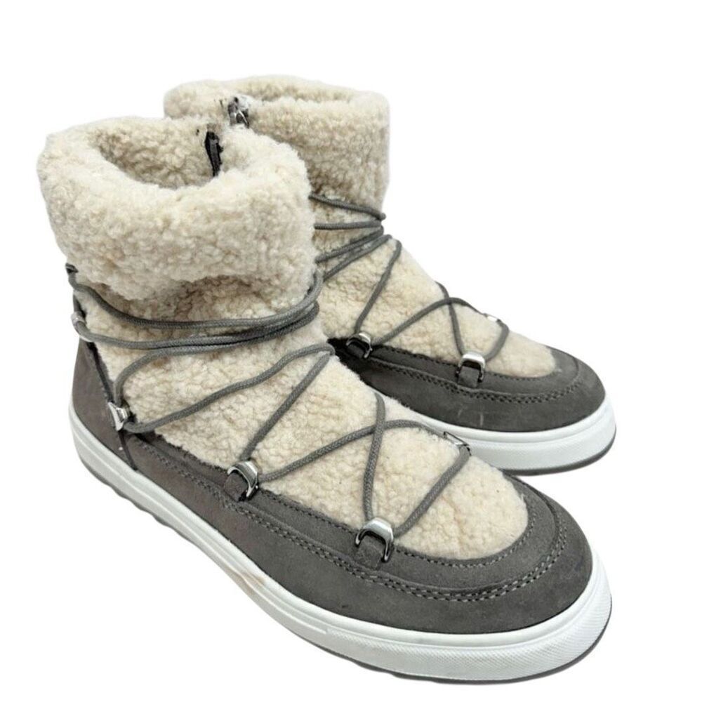 Blondo Boots Size 9.5 Waterproof‎ Gray Cream Suede Shearling Upper Lace Up